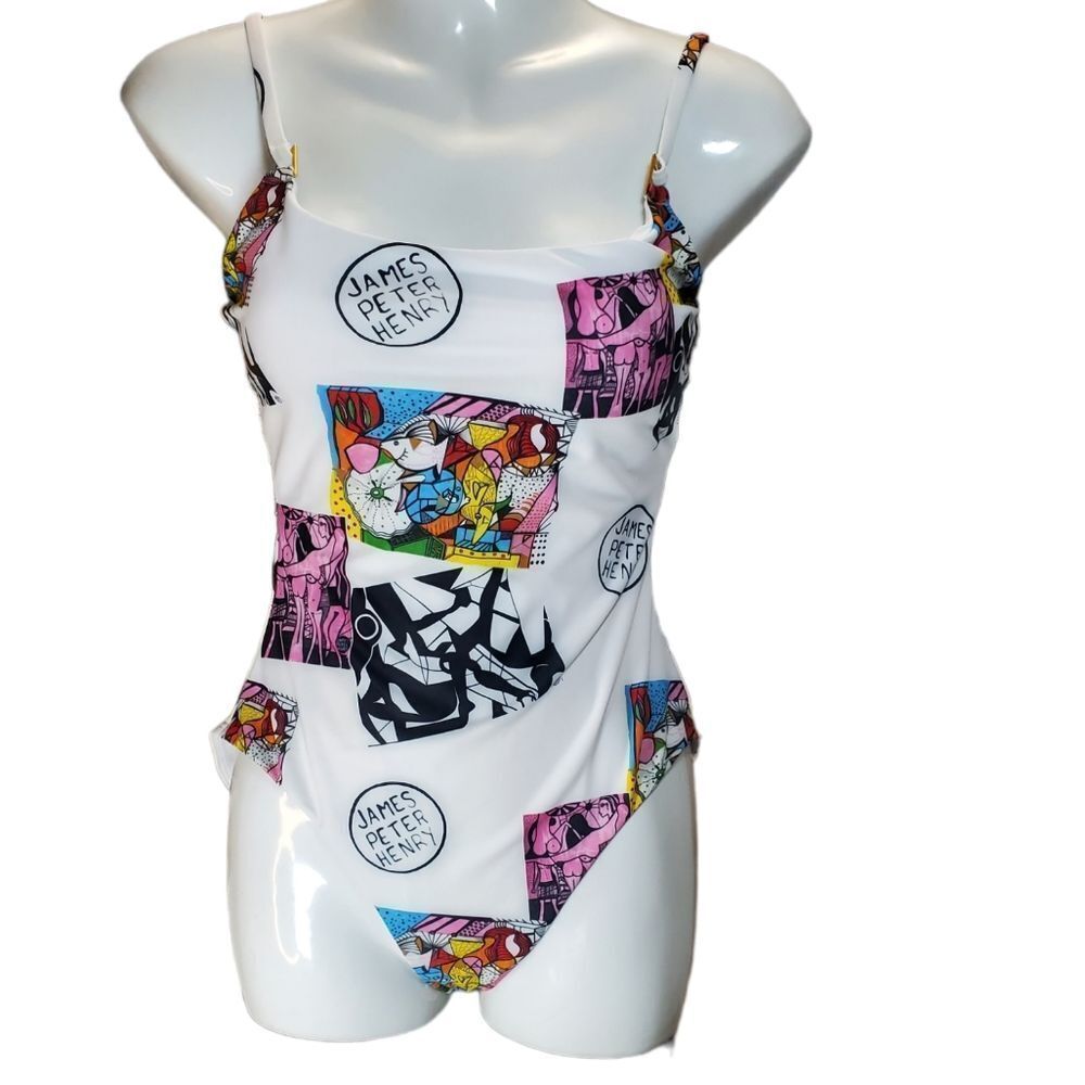NEW SWIMINISTA X JAMES PETER HENRY Marvelous one-piece art toss print M